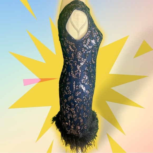 NWT Eliza J Navy Blue ‘Sequin Boat Neck Sleeveless Feather Trim Sheath Dress’ 6 - Picture 13 of 14
